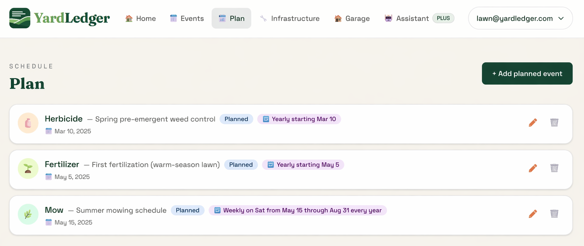 YardLedger lawn care schedule showing herbicide, fertilizer, and mowing tasks laid out by date with recurrence rules
